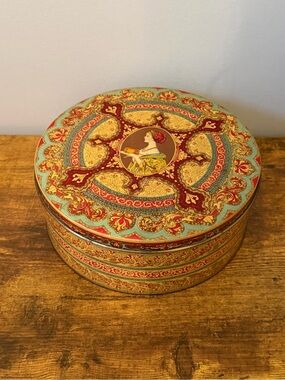 Vintage Hostess Fruit Cake Tin Victorian Lady Ornate Litho Advertising Decor